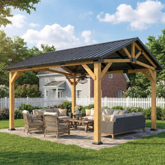 13' x 11' Hardtop Gazebo Canopy with Galvanised Metal Roof, Fir Wood Frame and Central Hook for Patio, Black Gray