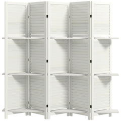5 Panel 67" Tall Wood Privacy Screen Room Divider with 3 Shelves and Folding Storage for Bedroom, White