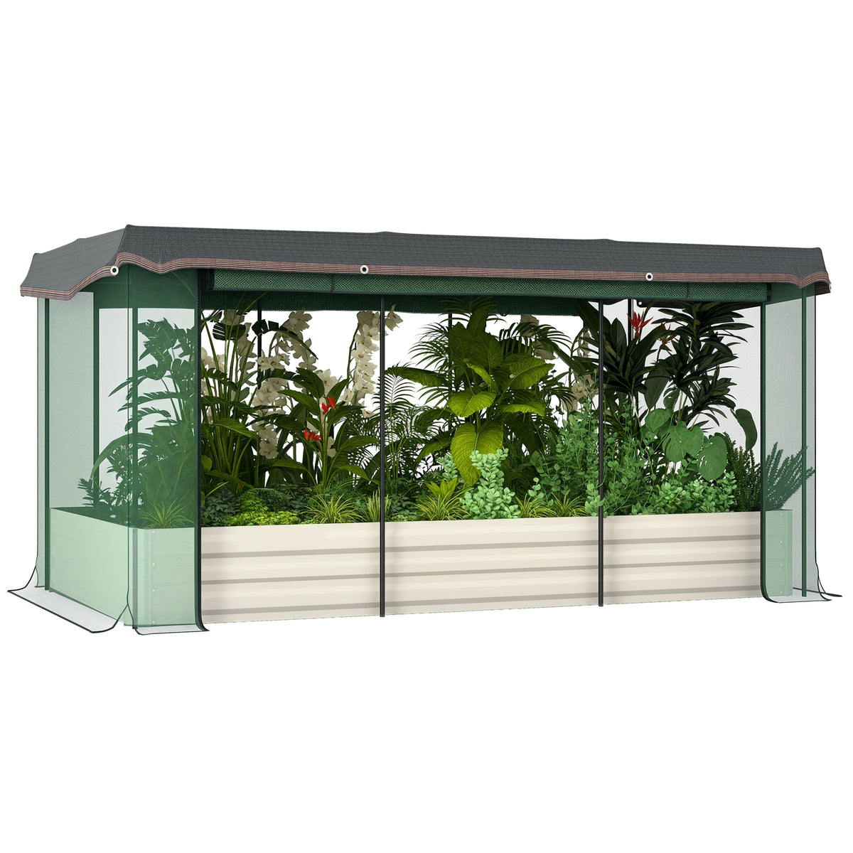 Galvanized Steel Planter Box with Crop Cage and Shade Cloth, Raised Garden Bed for Flowers, Veggies and Herbs, Beige