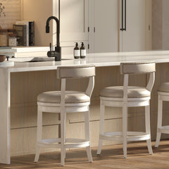 26" Counter-Height Bar Stool, White Wood with Gray Faux Leather Seat and Back, 1PC
