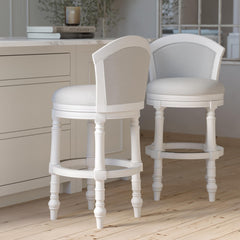 31" Wood Barrel-Back Bar Stool with Swivel and Upholstered Seat and Back, Farmhouse White with Light Gray Seat and Back, 1PC