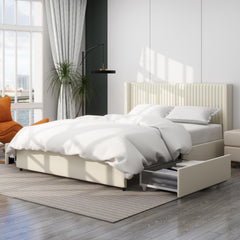 Andromache Patented 2-Drawer Storage Bed Queen Size Ivory Velvet Upholstered Wingback Platform Bed, Modern Design Headboard with Tight Channel, Wooden Slat Mattress Support No Box Spring Needed
