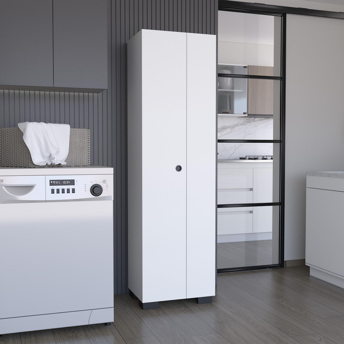 Saga Broom Cabinet Double-Door Design with Inner Shelves and Side Hangers, White