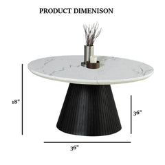 Contemporary Style Round Cocktail Table Faux Marble Top Reeded Drum Base Black Finish Primary Living Room