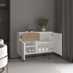 Jason 39" Wide Console Table With Two Cabinets, One Drawer and Four Shelves, White - Natural Oak