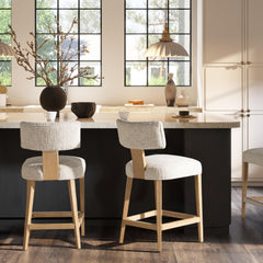 Hephaestus Round Arched Upholstered Counter Stool, Set of 2, Travertine Beige Chenille