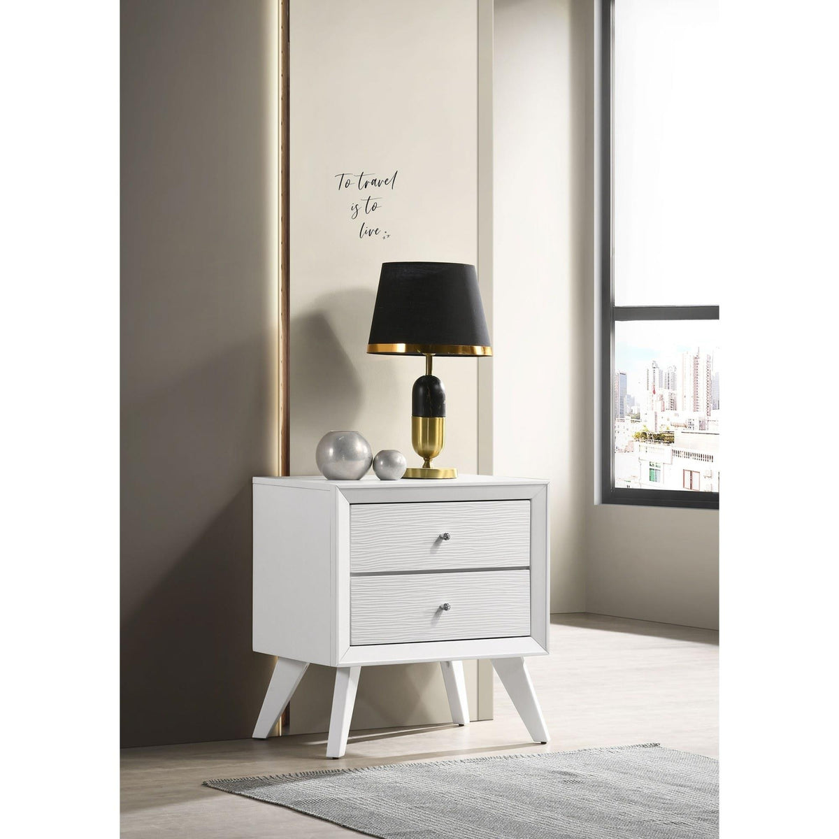 1pc Nightstand White Angled Legs Round Bronze Round Knobs 2-Drawers Bedside Table Bedroom Furniture