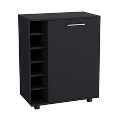 Bar -coffee cart 32" H, Kitchen or living room cabinet storage with  4 wheels, with 6 bottle racks, a central shelf covered by 1 door, ideal for storing glasses and snacks, Black