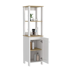 Linen Single Door Cabinet 59" H, Two Interior Shelves, Two Open Shelves, Light Oak / White