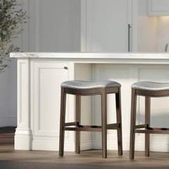 Story H Bar-Height Wood Barstool with Gray Faux-Leather Seat, 1PC
