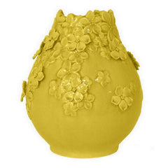 Rhea Flower Vase, Decorative Yellow Ceramic w Floral Motifs, 11 Inch
