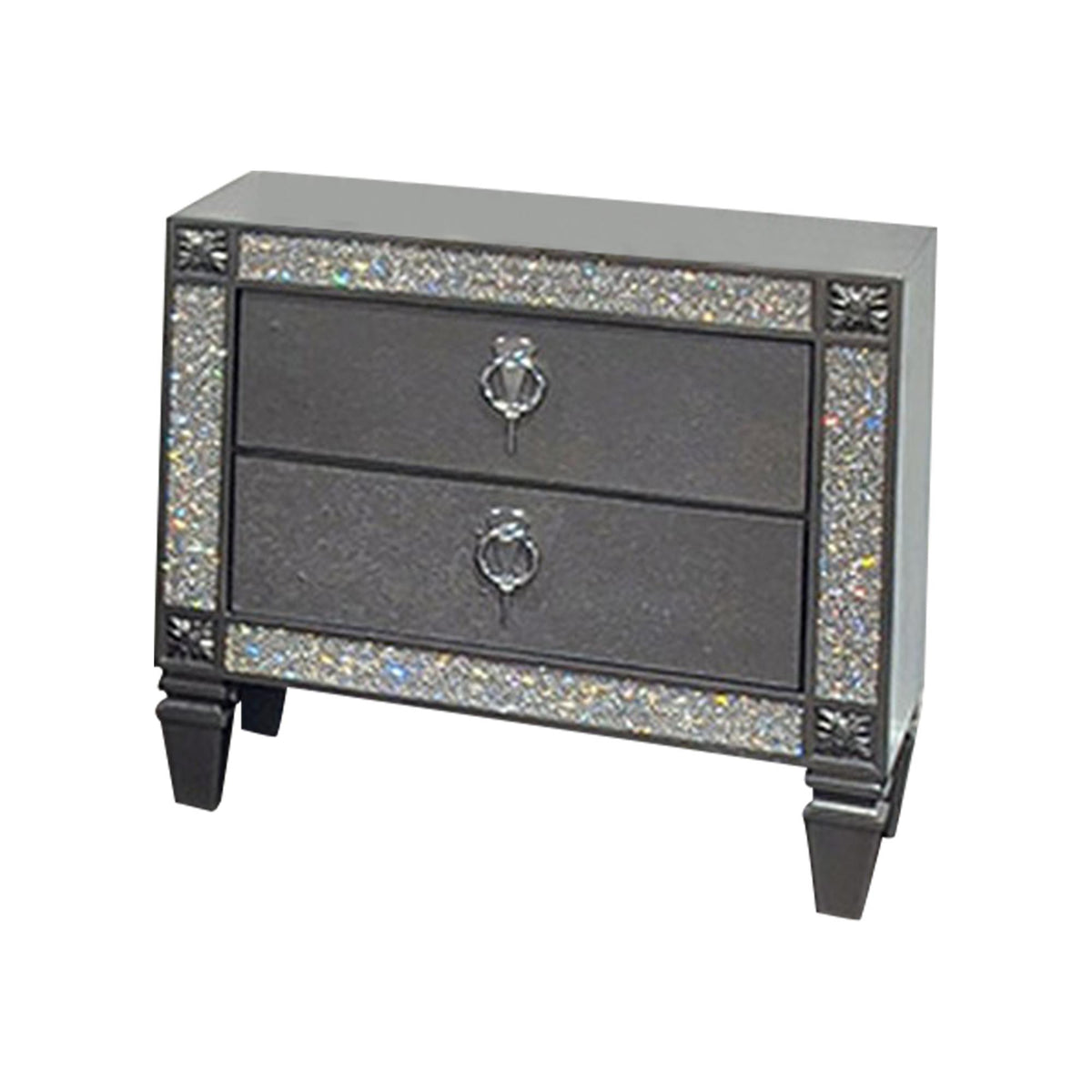 Vault Nightstand, 2 Drawers, Crystal Like Acrylic Trim, Gray Solid Wood