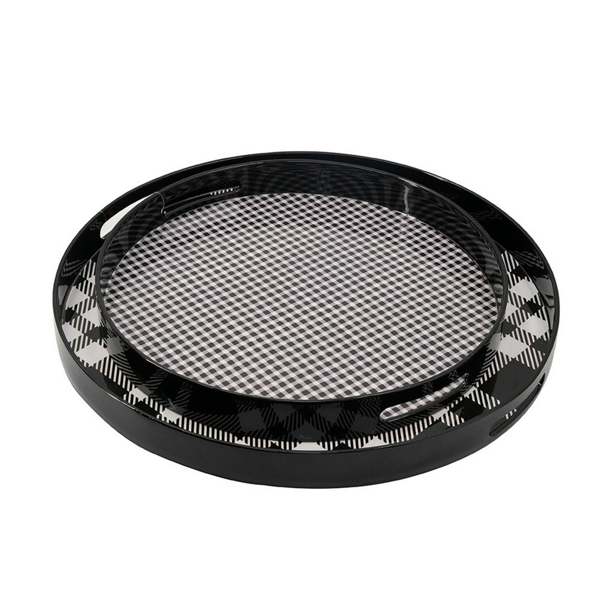 2 Piece Round Decorative Tray, Plastic Frame, Black and White Plaid Print