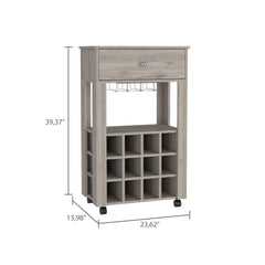 Symphony Bar Cart, Twelve Built-in Wine Rack, Four Legs, One Open Shelf -Light Gray