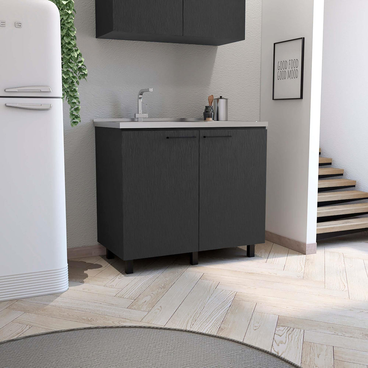 Pulsar 2 Utility Sink with Cabinet, Stainless Steel Countertop, Interior Shelf-Black