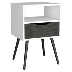 Nightstand 25"H, Superior Top, Four Legs, One Open Shelf, One Drawer, Smokey Oak / White