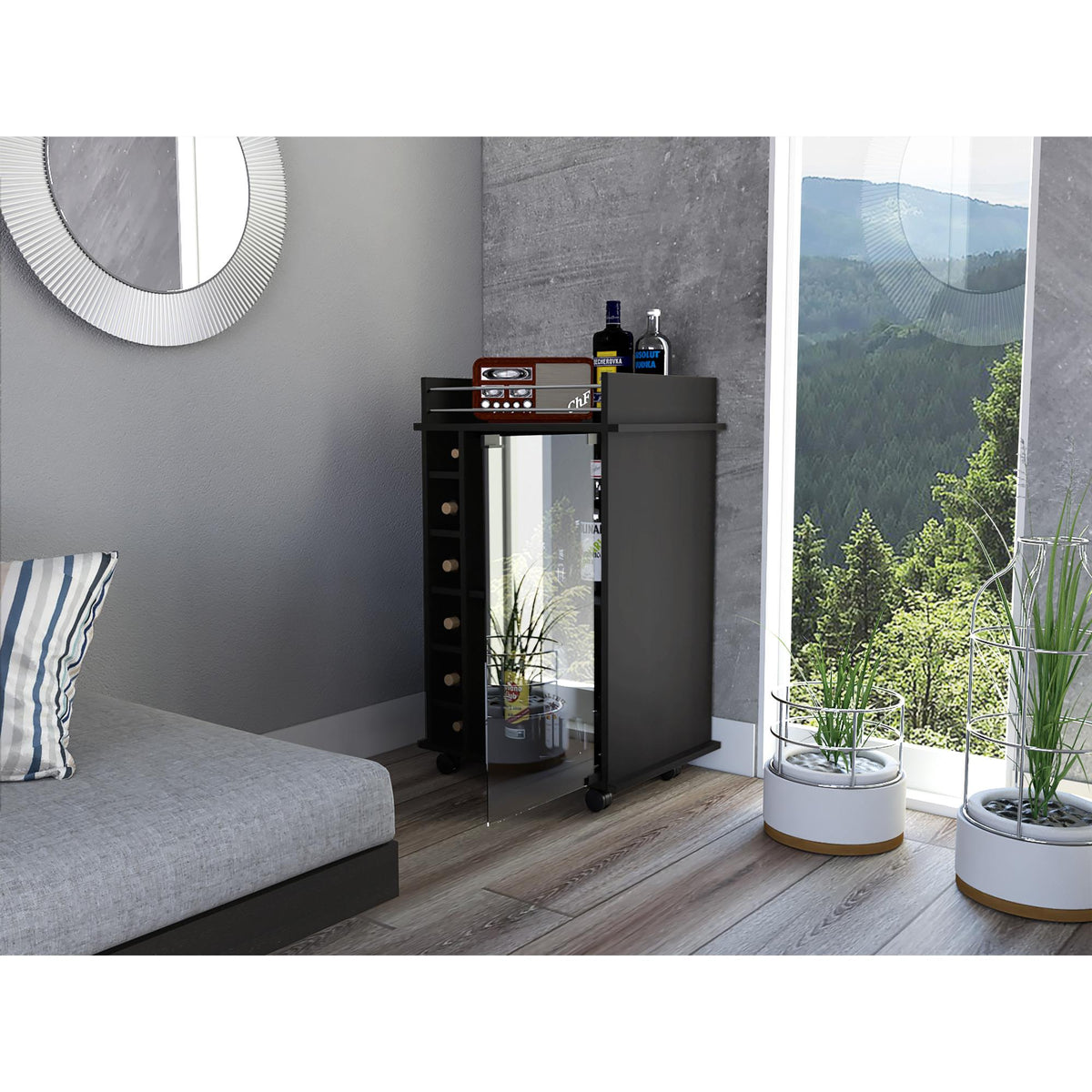 Waltz Bar Cart,Two Shelves, Six Built-in Wine Rack, Four Casters -Black