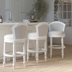 31" Wood Barrel-Back Bar Stool with Swivel and Upholstered Seat and Back, Farmhouse White with Light Gray Seat and Back, 1PC
