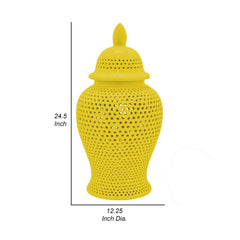 Aurora 25 Inch Ginger Jar, Carved Cutout Lattice, Removable Lid, Yellow