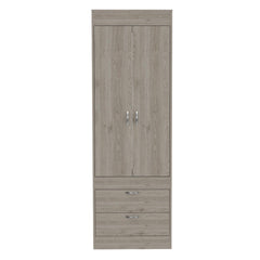 Rhea Armoire, Rod, Double Door, Two Drawers, Metal Handles Light Gray