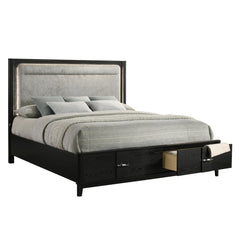 Mars Modern King Storage Bed with LED Upholstered Headboard, Sintered Stone Top, Velvet-Lined Storage Drawers in Black Wood-Grain Finish