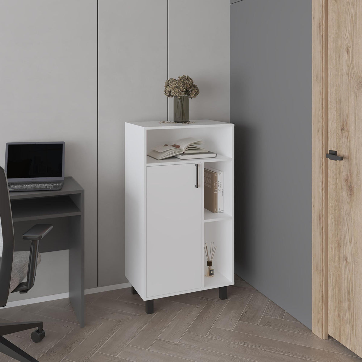 Hercules Base Cabinet, Compact Organizer, With One Door, Open Shelves And Top Display Space, White