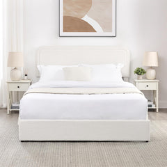 Quasar Queen Size Ivory Boucle Upholstered Platform Bed with Patented 4 Drawers Storage, Curved Stitched Tufted Headboard, Wooden Slat Mattress Support, No Box Spring Needed