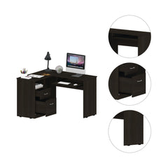 Iphigenia L-Shaped Desk, Keyboard Tray, Two Drawers, Single Open Shelf -Black