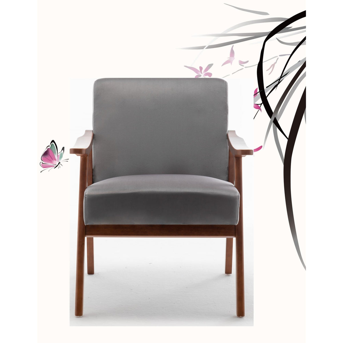 Accent Chair with Velvet Upholstery and Solid Wood Frame, Classic Mid-Century Modern Living Room Furniture for Extra Seating, Grey