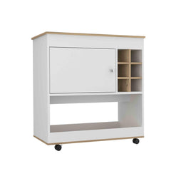 Helen Bar Cart, Lower Panel, Six Bottle Cubbies, One Cabinet -Light Oak / White