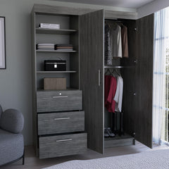 Astyanax 3 Drawers Armoire, Double Door, 3-Tier Shelf Smokey Oak