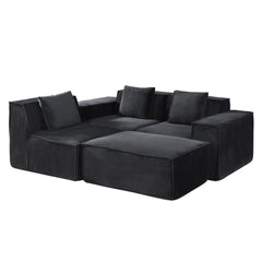 Moon Convertible Corduroy Sectional Couch with Ottoman & Pillows, Modular L Shaped Sleeper Sofa, Boneless Cloud Couch for Living Room Furniture, Black