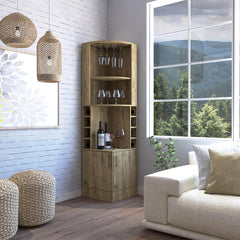 Story Corner Bar Cabinet, Eight Bottle Cubbies, Double Door, Two Open Shelves Macadamia