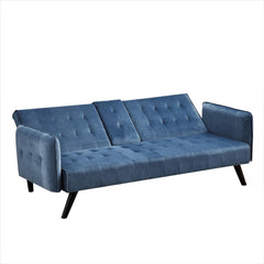 72" Velvet Convertible Sofa Bed with Cup Holders, Tufted Folding Futon Sleeper Couch, Mid-Century Modern 3 Seater for Small Spaces, 72" L x 34.6" D x 31" H,  Blue