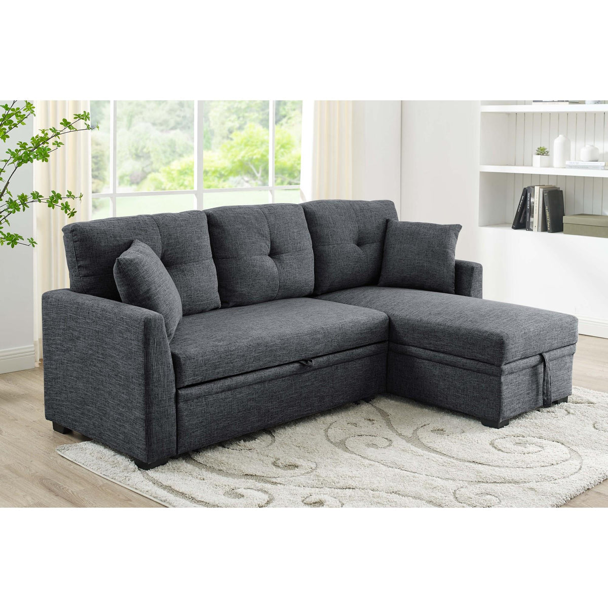 76.5" Linen Blend Upholstered Sectional with Pull-Out Bed and Chaise Storage