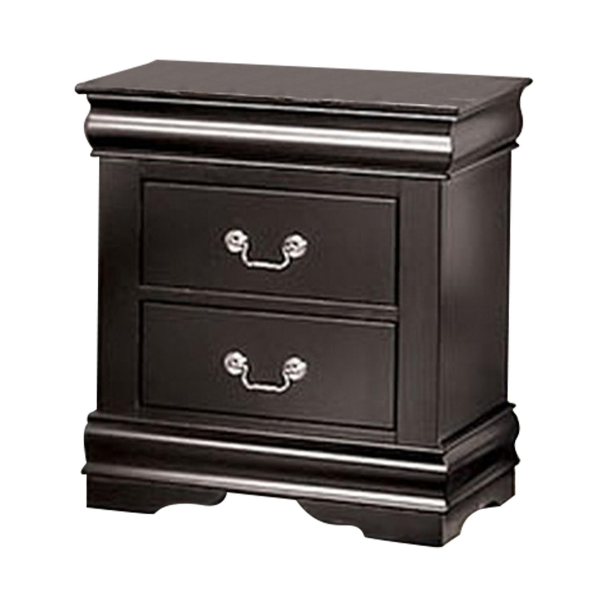 Crest Nightstand, 2 Drawers, Black Solid Wood, Nickel Metal Drop Handles