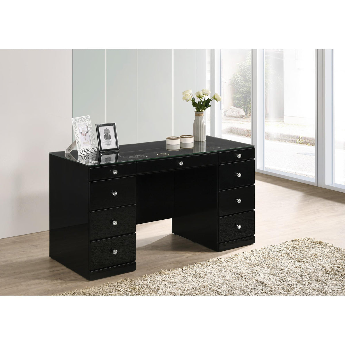 1pc Glam Makeup Vanity Table Glass Top 9 Drawers Knobs Black Wooden Bedroom Furniture