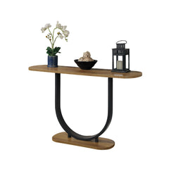 1pc Sofa Table Industrial Style U-Shape Base Replicate Wood Top Rustic Oak And Sand Black Finish Powder Coated Frame