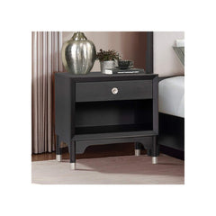Mid-Century Modern Style 1pc Nightstand Silver Capped Legs Round Knobs USB Charging Port Black Finish Bedroom Furniture