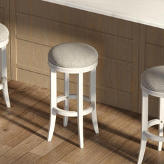 Story Bar-Height Wood Backless Barstool with Upholstered Gray Swivel Seat, White Frame, 1PC