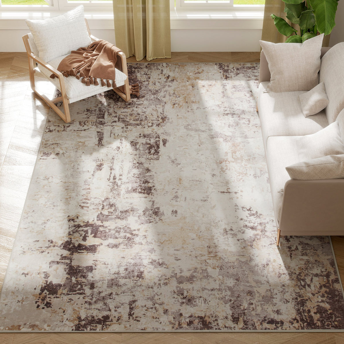Machine Washable Area Rug 8x10, Non-Slip Modern Abstract Floor Carpet for Living Room, Bedroom, Dining Room, Mixed-Brown