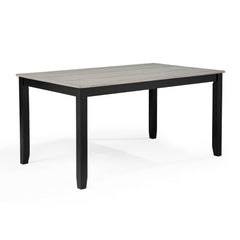 6pc Dining Set Rectangular Table Features Weathered Gray Finish Wood Grain Wide Slat Backs Padded Seats Upholstered Textured Neutral Fabric Chair Bench