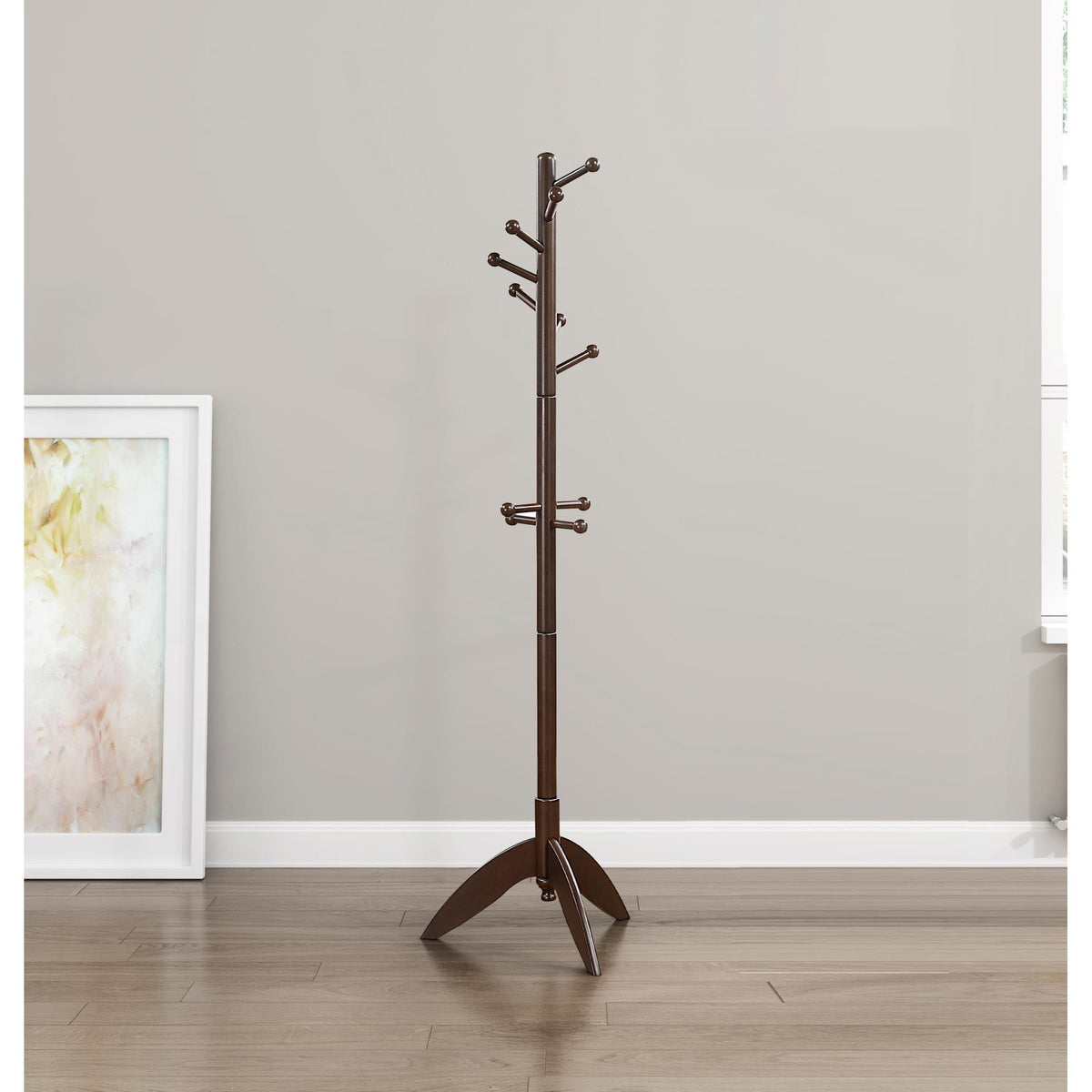 Dark Brown Finish Coat Rack Solid Wood, 11 Hooks Coat Hanger Stand Entryway Home Furniture 1pc