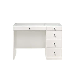 1pc Glam Makeup Vanity Table Glass Top 5 Drawers Crystal Knobs White Wooden Bedroom Furniture White