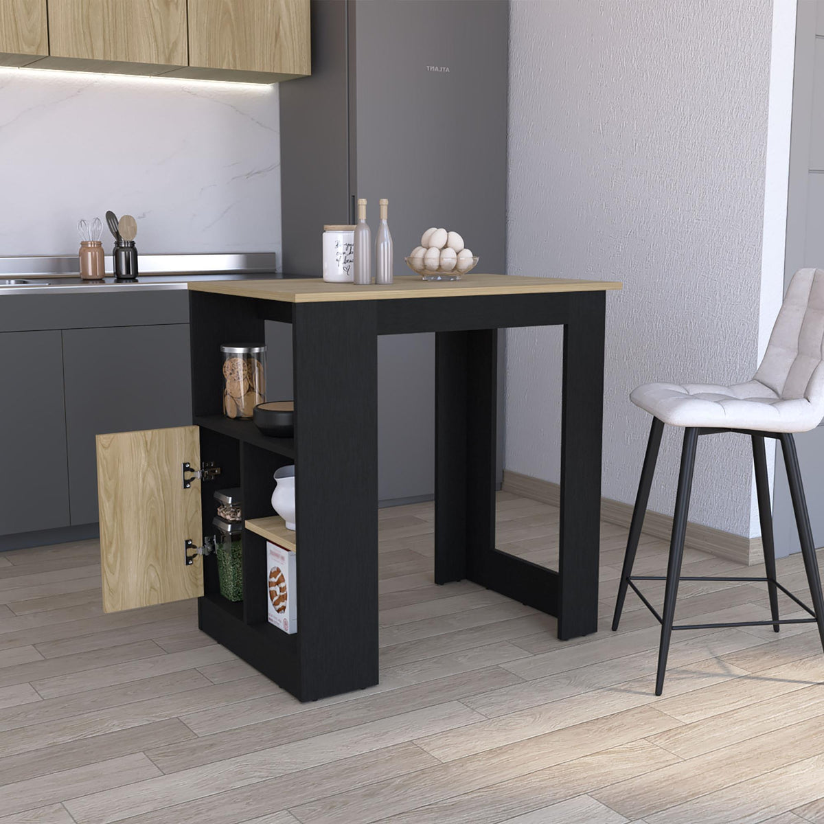 Fable Kitchen Island with 1-Door Cabinet Push to open System and Side Shelves Black - Natural Oak