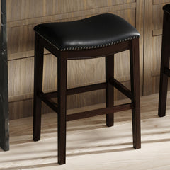 Story H Bar-Height Wood Barstool with Black Faux-Leather Seat, 1PC