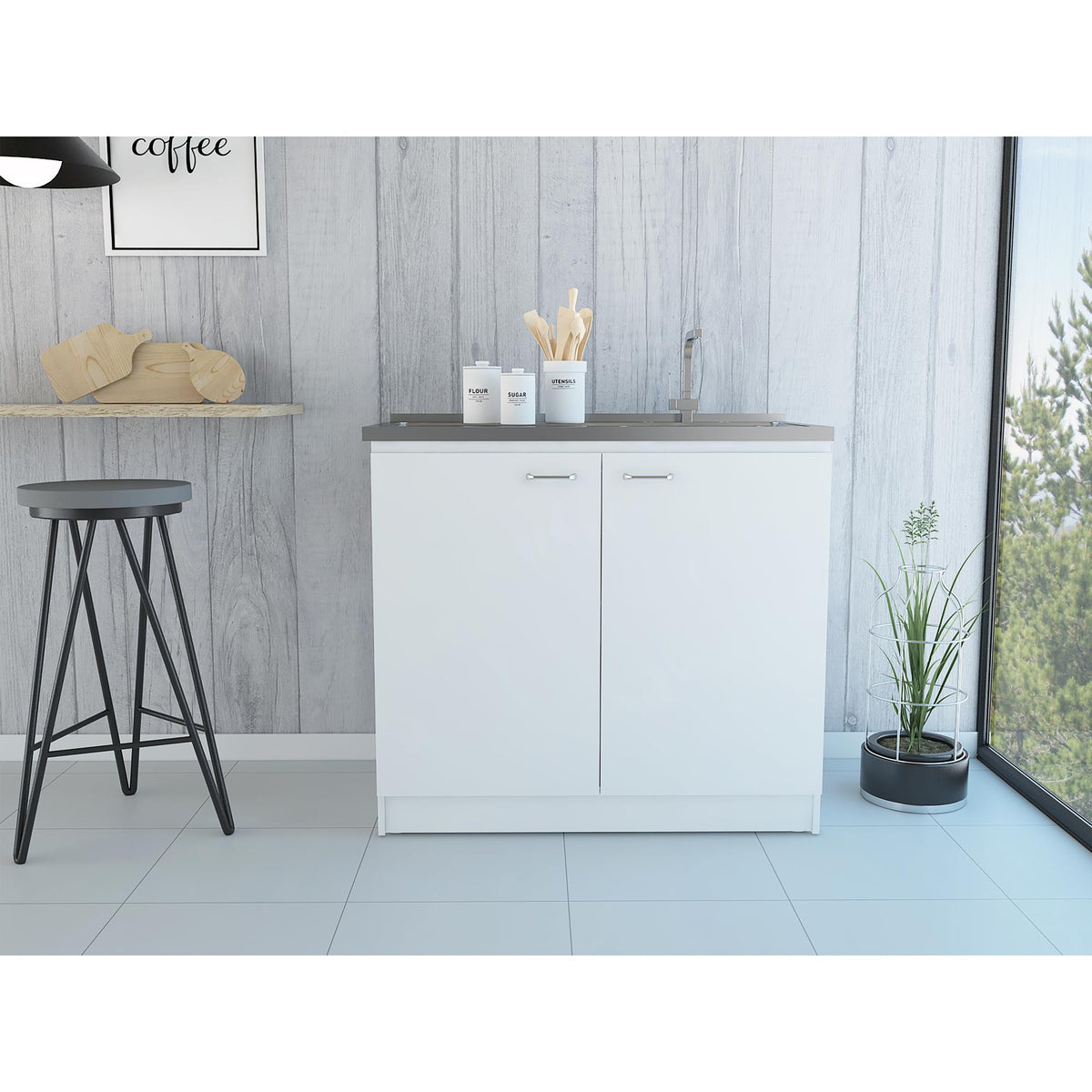 White Rectangle 2-Door Utility Sink and Cabinet
