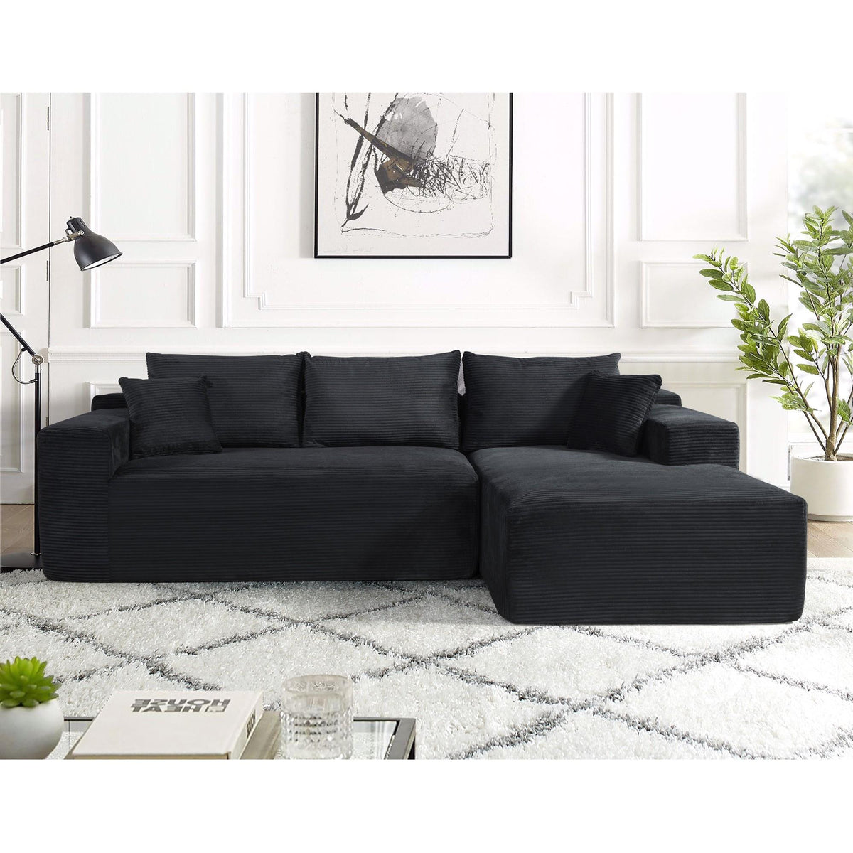 2-Piece Convertible Corduroy L-Shaped Sofa in a Box with Pillows, 3-Seater Modular Sectional Couch, Compressed Living Room Furniture, Black (Right Facing)