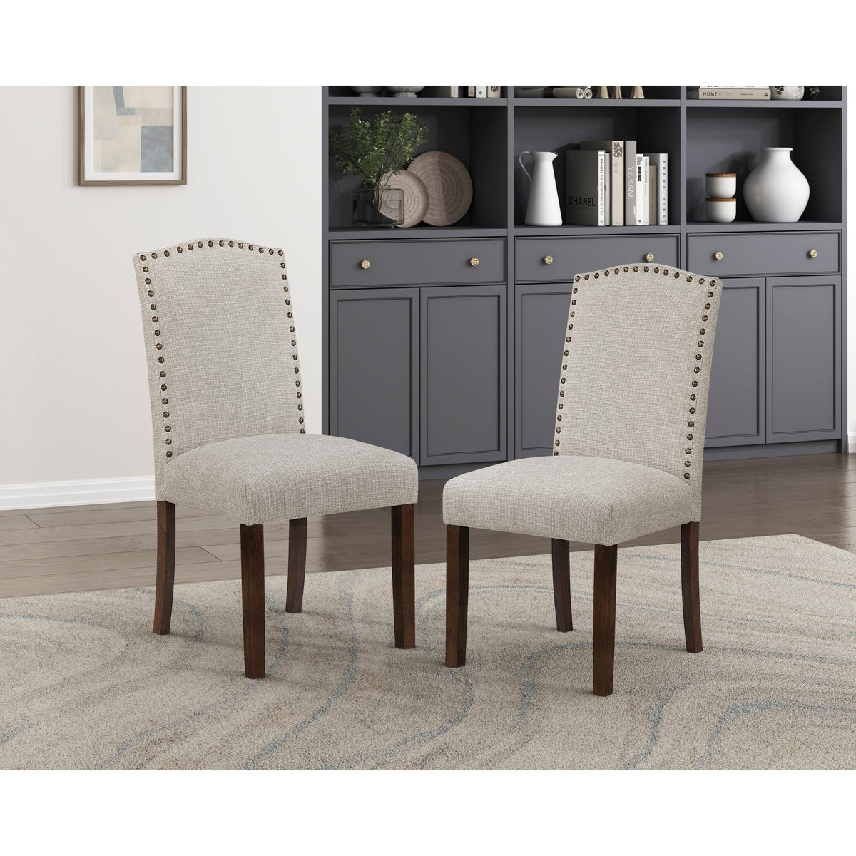 Modern Classic Side Chairs Set of 2, Taupe Fabric Upholstery Seat Back Nailhead Trim Dining Furniture