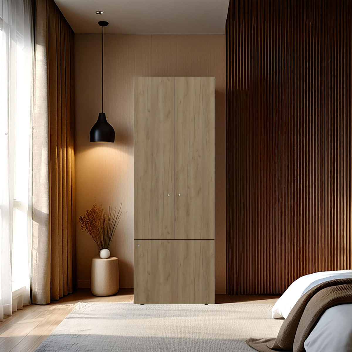 Celestia 66.9" H, 3 Doors, 3 Shelves, Natural Oak / White - Bedroom